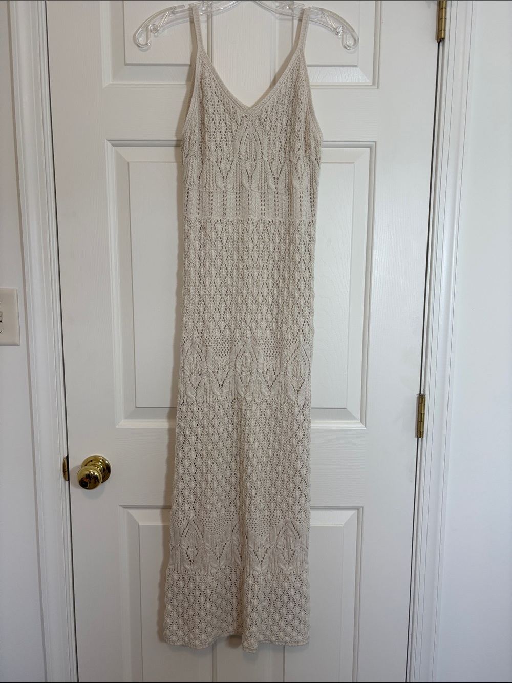 Freshman 1996 Cream Crochet Knit Sleeveless Lined V-Neck Maxi Dress Size Medium